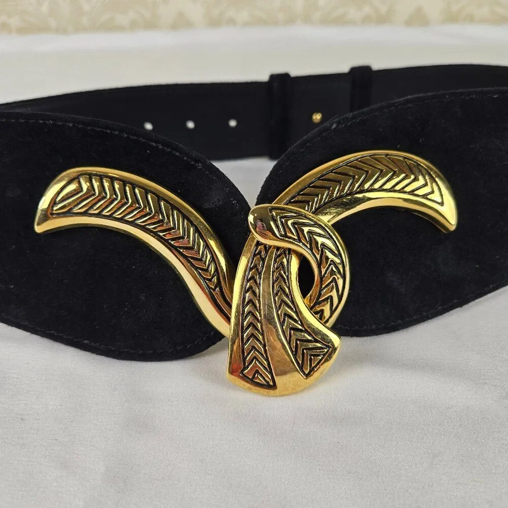 Art 9 Black Suede Wide Leather Belt Gold Hook Front Adjustable Screw Back VTG